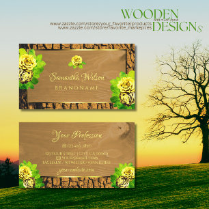 Blommigt Gul ros Wood Grain Rustic Träd Bark Visitkort