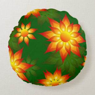 Blommigt Gula blommor med Grönt Background-57557 Rund Kudde