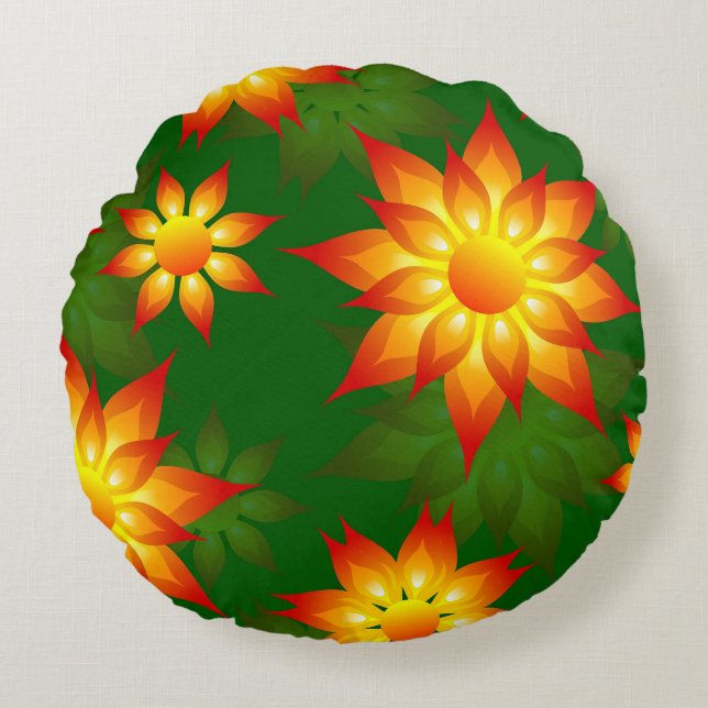 Blommigt Gula blommor med Grönt Background-57557 Rund Kudde (Framsidan)