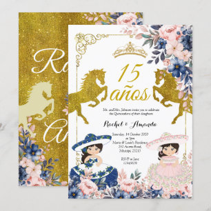 Blommigt Guld 15 años Twin Quinceañera-inbjudan Inbjudningar