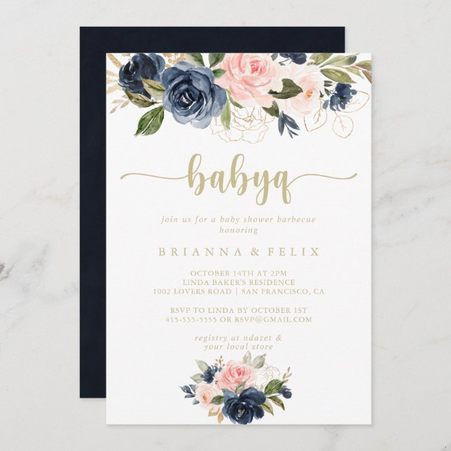  Blommigt Guld BabyQ Baby Shower Barbecue Inbjudningar (Fram/baksida)