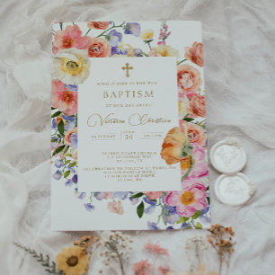 Blommigt Guld Baptism Christening-inbjudan Inbjudningar