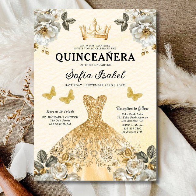 Blommigt Guld Bilingual Spain Quinceanera Inbjudningar (Skapare uppladdad)