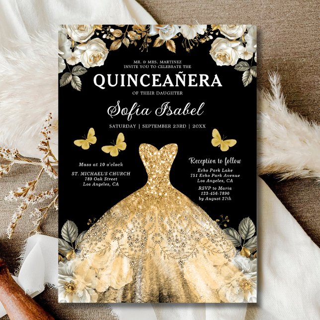 Blommigt Guld Black Butterfly Princess Quinceanera Inbjudningar (Skapare uppladdad)