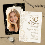 Blommigt Guld Black Photo 30års födelsedag Party Inbjudningar<br><div class="desc">Blommigt Black Guld Photo 30års födelsedag Party bjudan. Minimalistisk modern design med botaniska konturaccenter för teckning och typsnitt för typgrafiska skript. Enkel inbjudan-kortsperfekt för trendig för en snyggt kvinna på dagen firande. Kan anpassas till vilken ålder som helst. Skrivna Zazzle-inbjudningar eller digital utskrivbar mall för omedelbar nedladdning.</div>