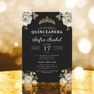 Blommigt Guld Black Princess Quinceanera Inbjudningar