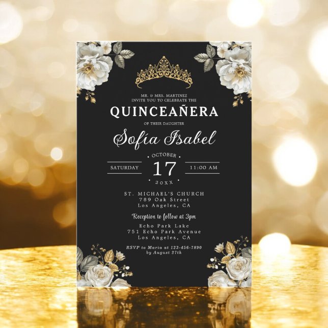Blommigt Guld Black Princess Quinceanera Inbjudningar (Skapare uppladdad)