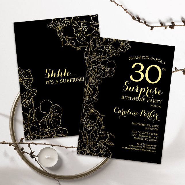 Blommigt Guld Black Surprise 30års födelsedag Part Inbjudningar (Skapare uppladdad)
