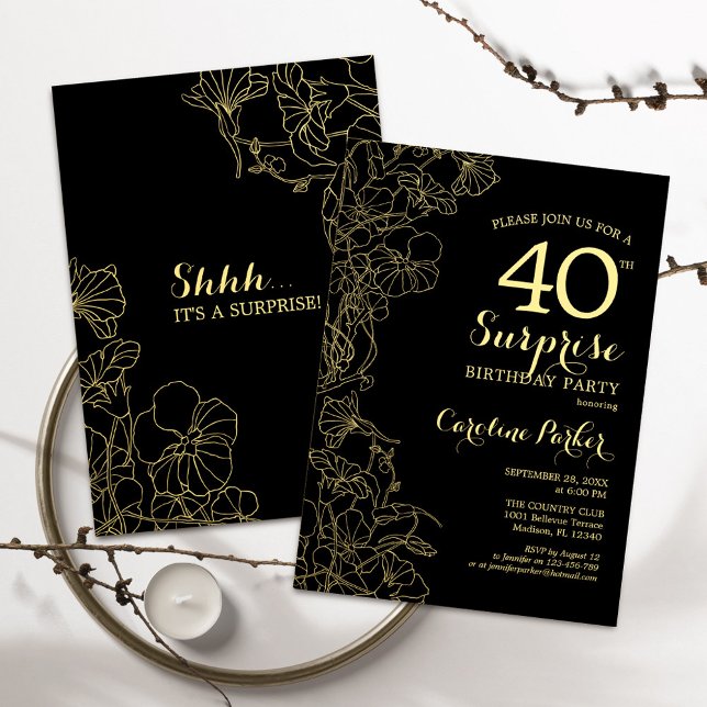 Blommigt Guld Black Surprise 40:e födelsedag Party Inbjudningar (Skapare uppladdad)