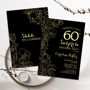 Blommigt Guld Black Surprise 60:e Födelsedagsfeste Inbjudningar