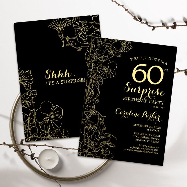 Blommigt Guld Black Surprise 60:e Födelsedagsfeste Inbjudningar (Skapare uppladdad)
