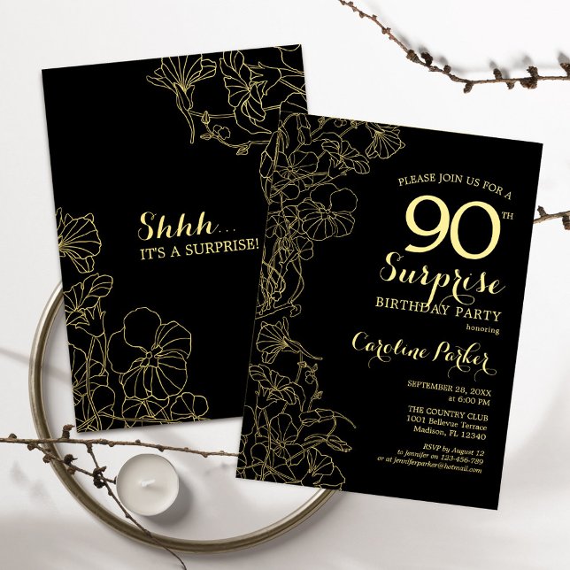 Blommigt Guld Black Surprise 90:e Födelsedagsfest Inbjudningar (Skapare uppladdad)