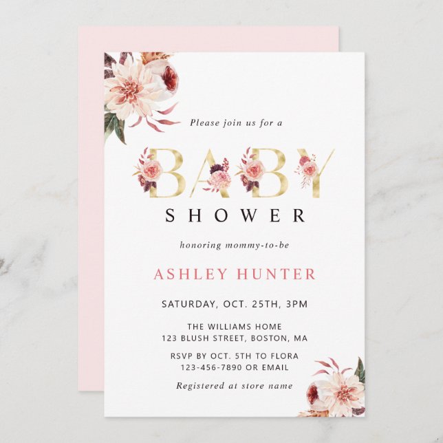 Blommigt Guld Brev Elegant Vattenfärgsbabyskor för Inbjudningar (Fram/baksida)