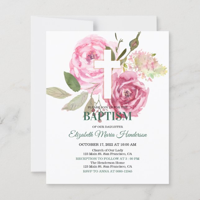 Blommigt & Guld/BUDGET - Flickor Baptism-inbjudan. (Framsida)