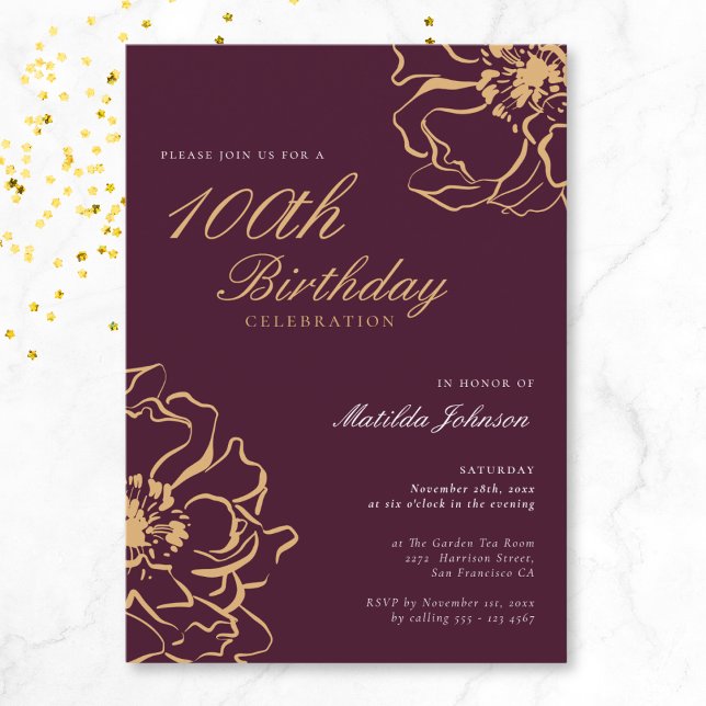 Blommigt Guld Burgundy 100-årsdagen Inbjudningar (Floral Gold Burgundy 100th Birthday Invitation)