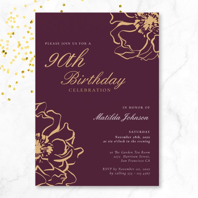 Blommigt Guld Burgundy 90:e födelsedag Inbjudningar (Floral Gold Burgundy 90th Birthday Invitation)