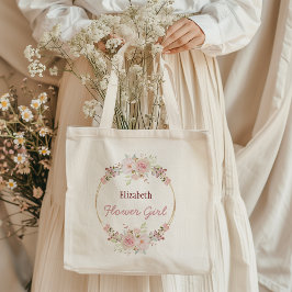 Blommigt Guld Burgundy Ro Flower Girl med Namn Tygkasse