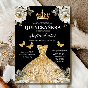 Blommigt Guld Butterfly Princess Quinceanera Inbjudningar