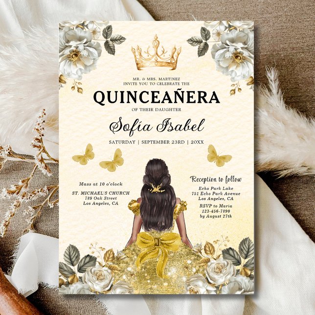 Blommigt Guld Butterfly Princess Quinceanera Inbjudningar (Skapare uppladdad)