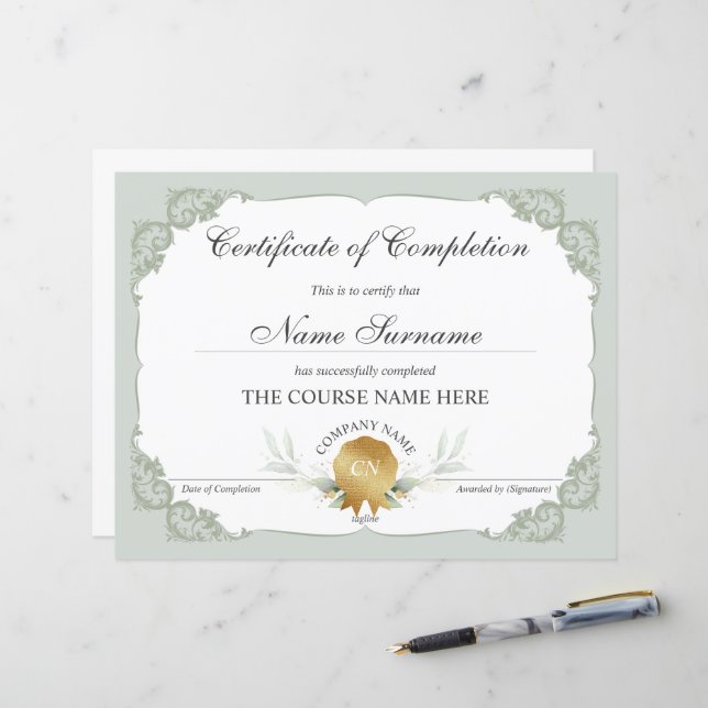 Blommigt Guld Certifikat för fullgörande av studie (Fram/Back In Situ)