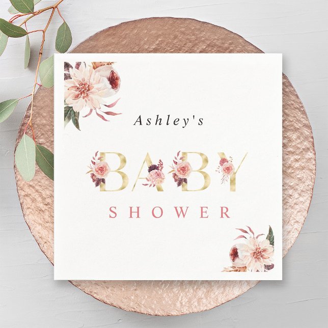Blommigt Guld Elegant Brev Baby Shower Napkin Pappersservett (Skapare uppladdad)