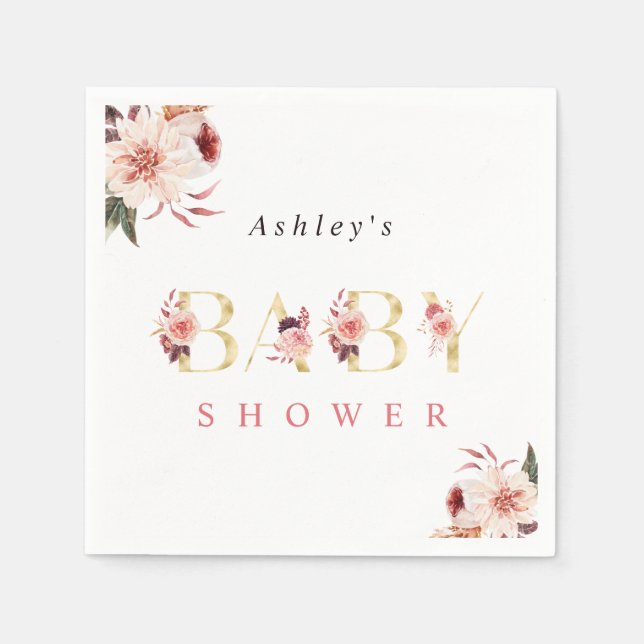 Blommigt Guld Elegant Brev Baby Shower Napkin Pappersservett (Framsidan)