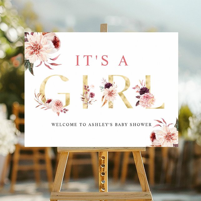 Blommigt Guld Elegant Girl Baby Shower Sign Sign Poster (Skapare uppladdad)