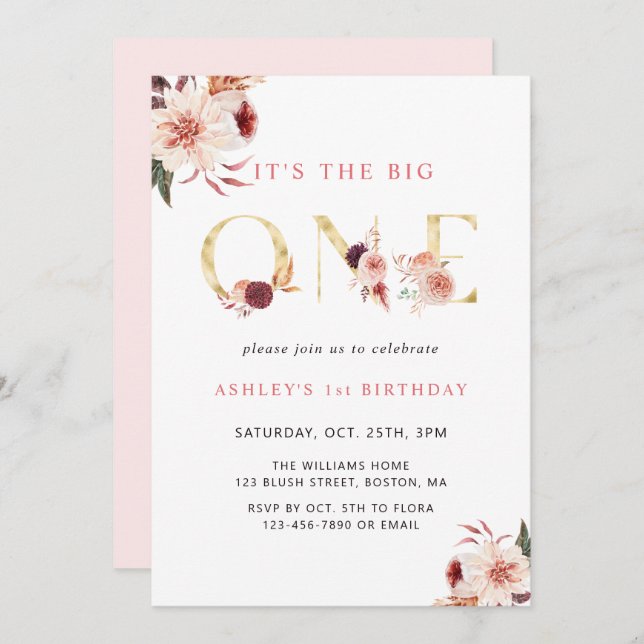 Blommigt Guld Elegant Girl First Birthday Inbjudningar (Fram/baksida)