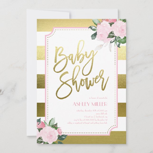 Blommigt Guld Faux Foil | Baby Shower Inbjudningar (Framsida)