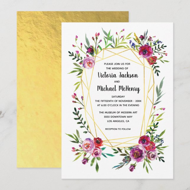 Blommigt Guld Geometric Crystal Bröllop Inbjudningar (Fram/baksida)