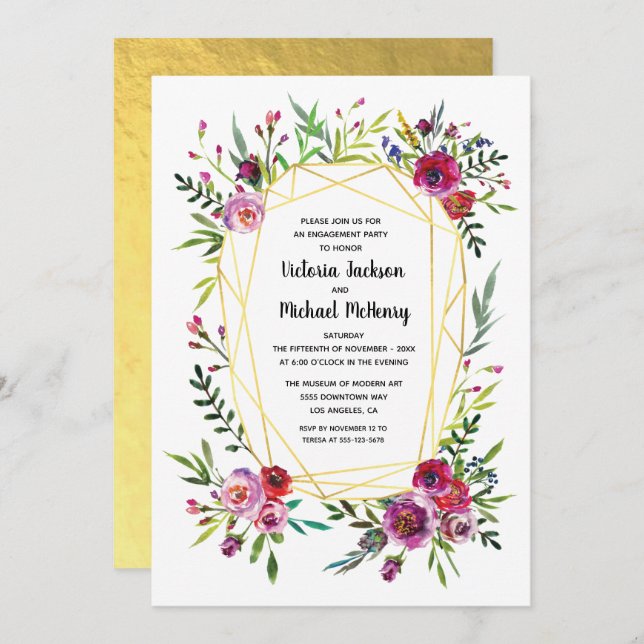 Blommigt Guld Geometric Crystal Förlovningsfest Inbjudningar (Fram/baksida)