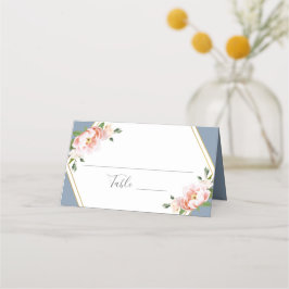Blommigt Guld Geometric Dusty Blue Bröllop Placeringskort