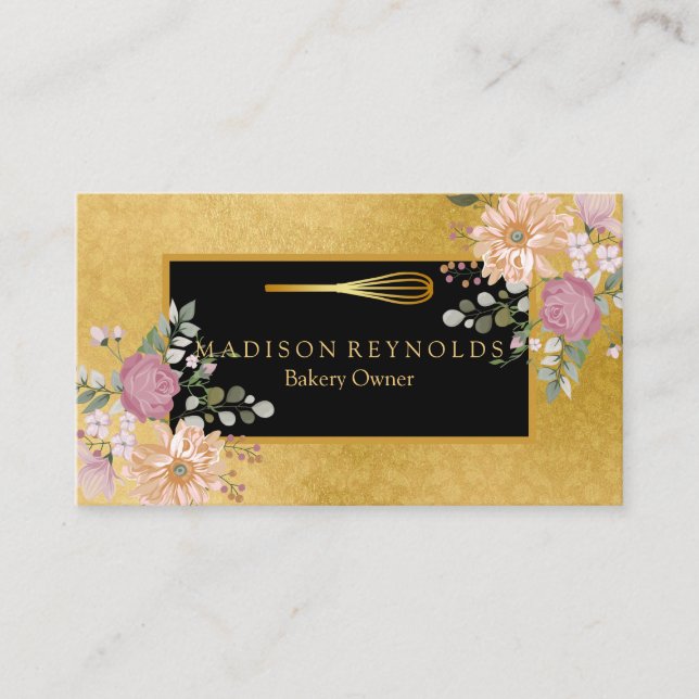 Blommigt Guld Glitter Bakery Chef Whisk Logotyp Bu Visitkort (Framsida)