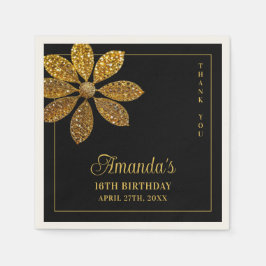 Blommigt Guld Glitter FLOSKT 16 Födelsedag Pappersservett