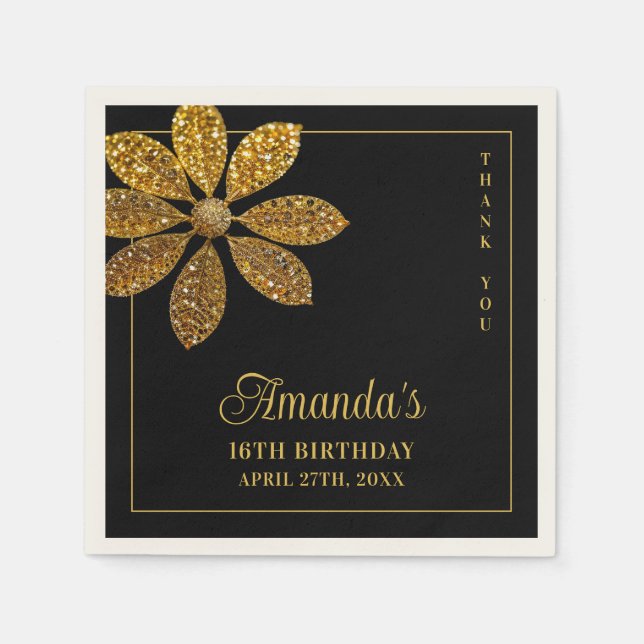 Blommigt Guld Glitter FLOSKT 16 Födelsedag Pappersservett (Framsidan)