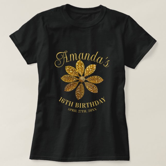 Blommigt Guld Glitter FLOSKT 16 Födelsedag T Shirt (Design framsida)