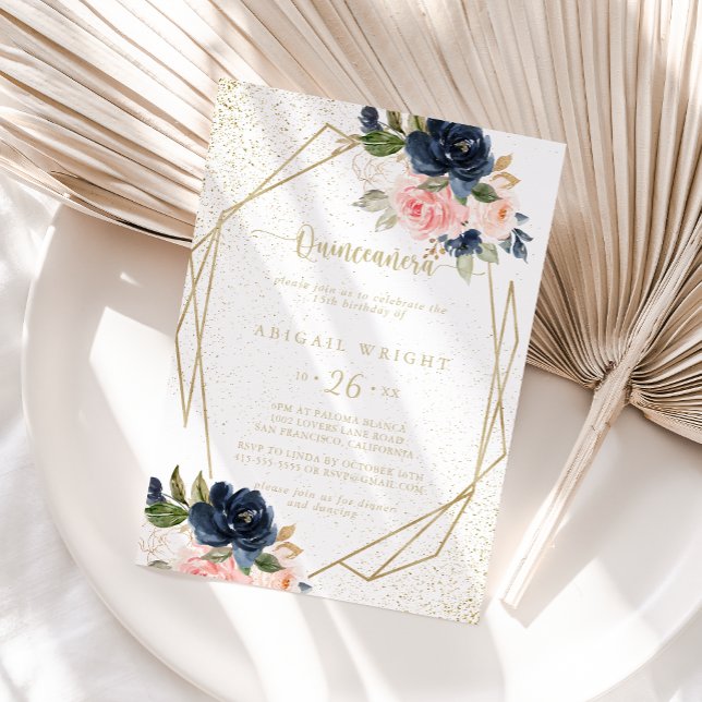 Blommigt Guld Glitter Geometric Quinceañera Inbjudningar (Skapare uppladdad)