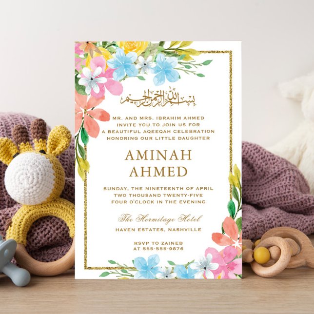 Blommigt Guld Gräns Islamiska Aqiqa Aqeqa Baby Inbjudningar (Skapare uppladdad)