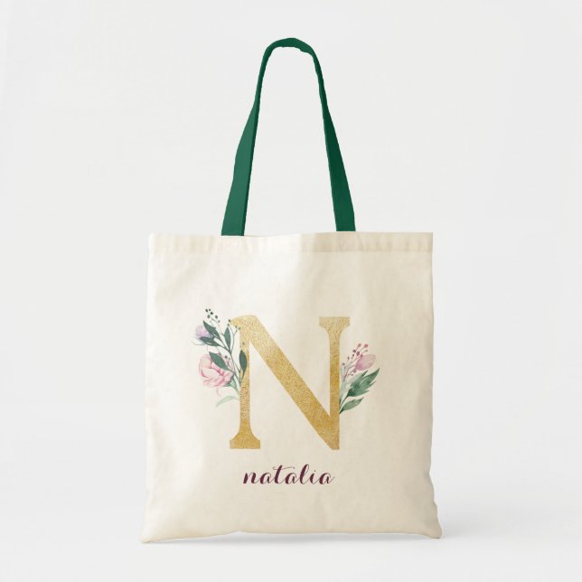 Blommigt Guld Greenery Lila Personlig Monogram Tygkasse (Framsidan)