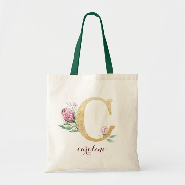 Blommigt Guld Greenery Lila Personlig Monogram Tygkasse (Framsidan)