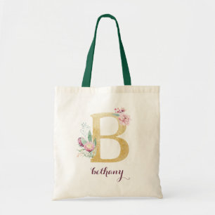 Blommigt Guld Greenery Lila Personlig Monogram Tygkasse