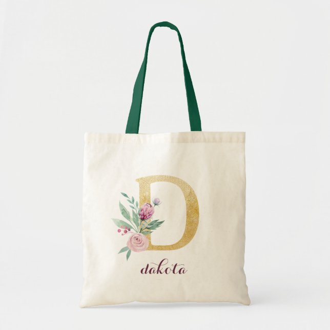 Blommigt Guld Greenery Lila Personlig Monogram Tygkasse (Framsidan)
