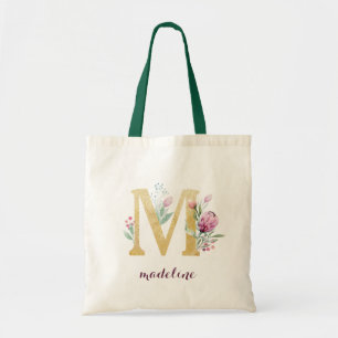 Blommigt Guld Greenery Lila Personlig Monogram Tygkasse