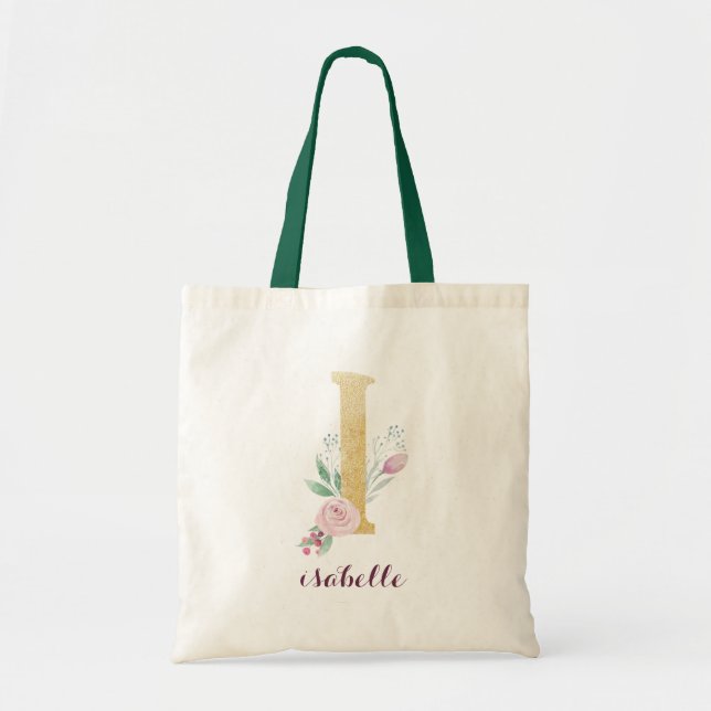 Blommigt Guld Greenery Lila Personlig Monogram Tygkasse (Framsidan)