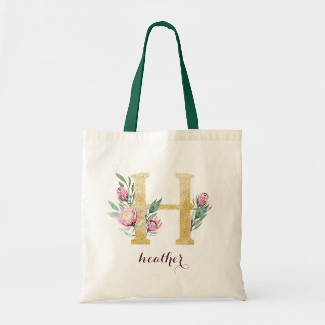 Blommigt Guld Greenery Lila Personlig Monogram Tygkasse (Framsidan)