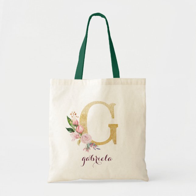 Blommigt Guld Greenery Lila Personlig Monogram Tygkasse (Framsidan)