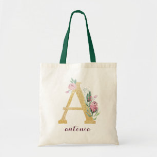 Blommigt Guld Greenery Lila Personlig Monogram Tygkasse