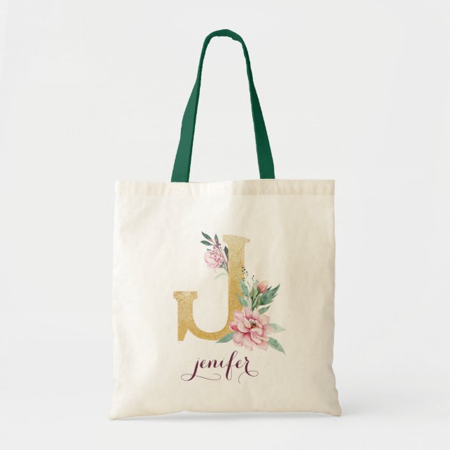 Blommigt Guld Greenery Lila Personlig Monogram Tygkasse (Framsidan)