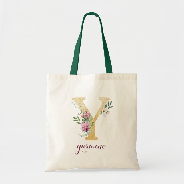 Blommigt Guld Greenery Lila Personlig Monogram Tygkasse (Framsidan)