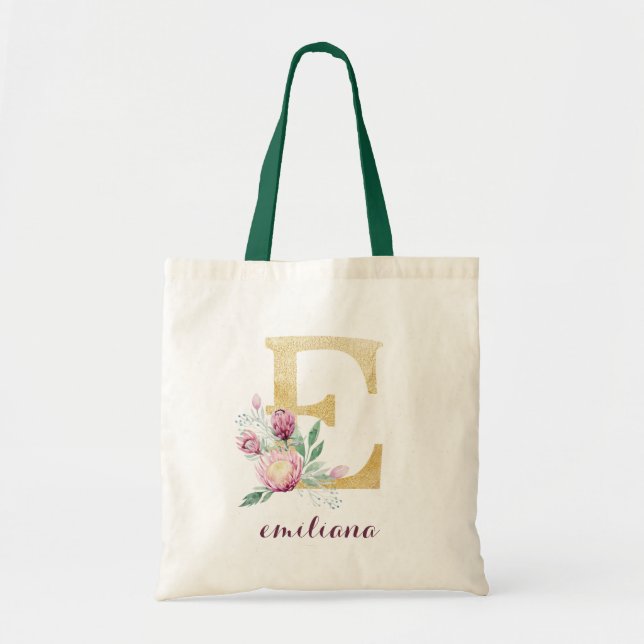 Blommigt Guld Greenery Lila Personlig Monogram Tygkasse (Framsidan)